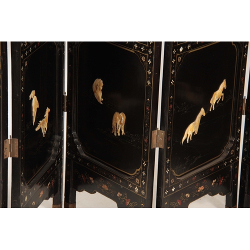 222 - AN EARLY 20TH CENTURY CHINESE SIX SECTIONAL HINGED PANELLED EBONISED AND MOTHER OF PEARL SCREEN deco... 