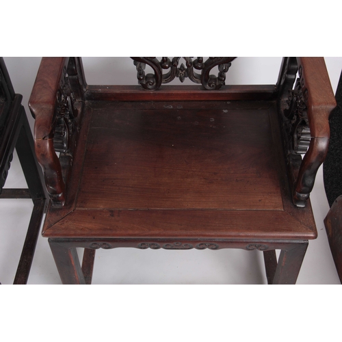 223 - TWO SIMILAR 18TH/ 19TH  CENTURY CHINESE HARDWOOD OPEN ARMCHAIRS each with pierced carved shaped back... 