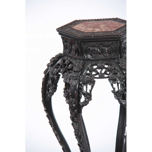 233 - A HARDWOOD CHINESE PLANT STAND WITH MARBLE INSET TOP, 81cm high, 47cm wide.