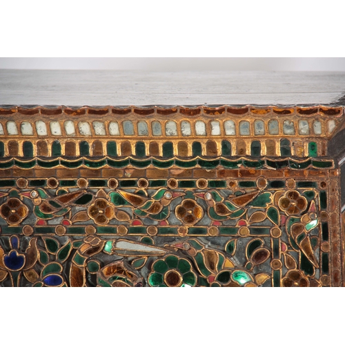 237 - AN UNUSUAL DECORATIVE INDIAN CABINET ON STAND with coloured cut glass pieces depicting figures among... 