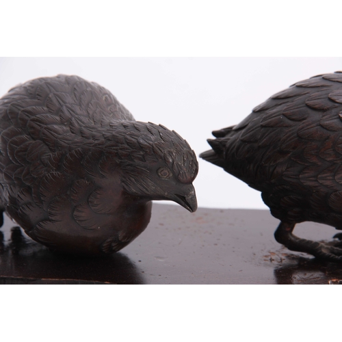 240 - A PAIR OF LATE 19TH CENTURY JAPANESE  BRONZE BIRD SCULPTURES OF QUAIL each realistically modelled fe... 