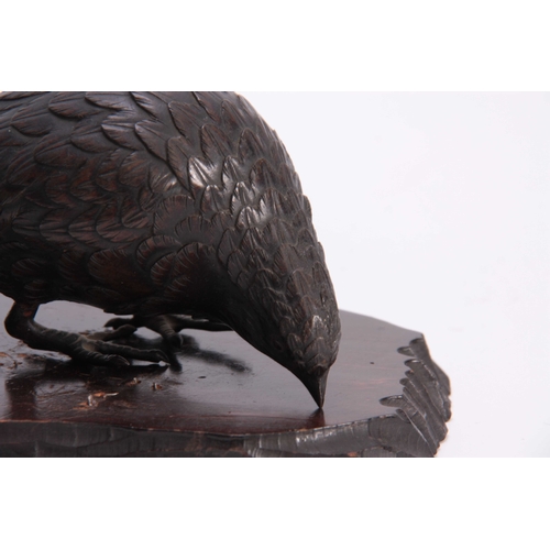 240 - A PAIR OF LATE 19TH CENTURY JAPANESE  BRONZE BIRD SCULPTURES OF QUAIL each realistically modelled fe... 