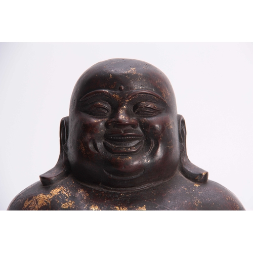 241 - A 19th CENTURY CHINESE GILT BRONZE SEATED HOTEI BUDDHA 33cm high