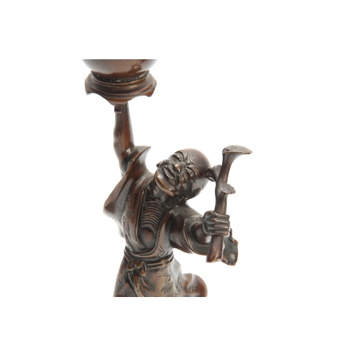 249 - A JAPANESE MEIJI PERIOD BRONZE FIGURAL CENSER standing on a naturalistic base 30.5cm high.