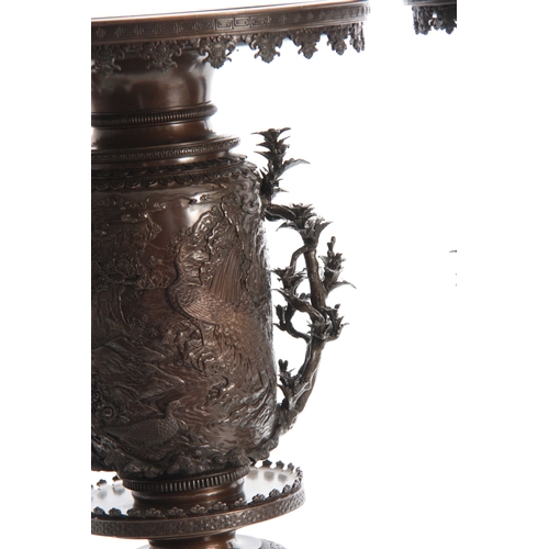 251 - A LARGE AND IMPRESSIVE PAIR OF MEIJI PERIOD JAPANESE BRONZE VASES with sconce style rims decorated w... 