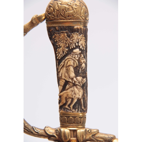 263 - A 19TH CENTURY GERMAN HUNTING HANGER with a carved antler handle depicting a man and his dog, the et... 