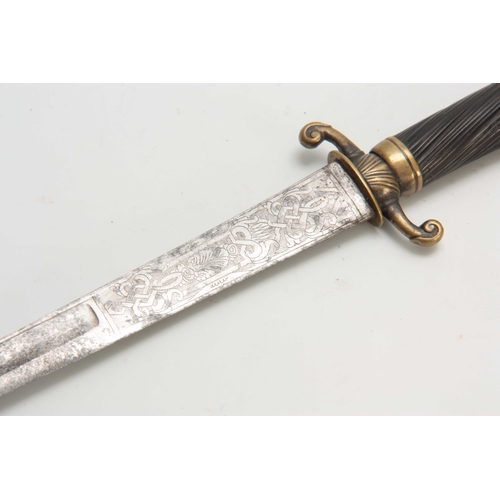 268 - A MID 18th CENTURY FRENCH HANGER SWORD having a twisted fluted ebony grip with brass quillon on a sl... 