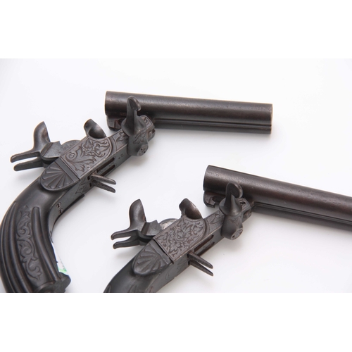 275 - A PAIR OF 19TH CENTURY FRENCH DOUBLE BARREL PISTOLS BY P. BOISSY with pinfire action and drop-down t... 