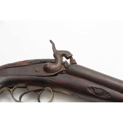 276 - A 19th CENTURY EASTERN DOUBLE BARREL PERCUSION PISTOL on a walnut stock with chequered pique work gr... 