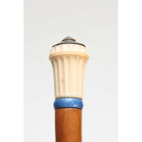 292 - A FINE 19TH CENTURY MALACCA, IVORY AND ENAMEL PARASOL with a fluted Ivory silver-mounted pommel with... 