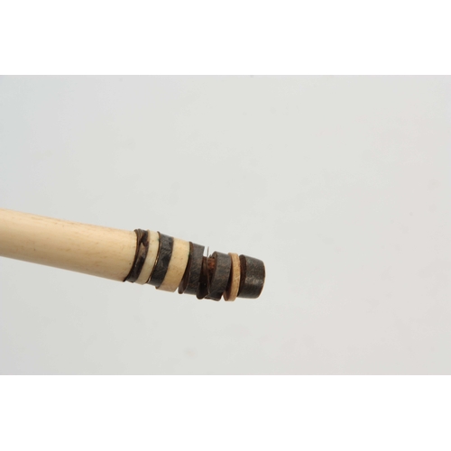 296 - A 19th CENTURY IVORY AND BALEEN BANDED WALKING CANE of segmented form with a carved handle on a simu... 