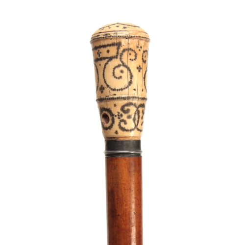 300 - A LATE 17th/ EARLY 18th CENTURY IVORY PIQUEWORK MALACCA WALKING CANE of chunky proportions having sc... 