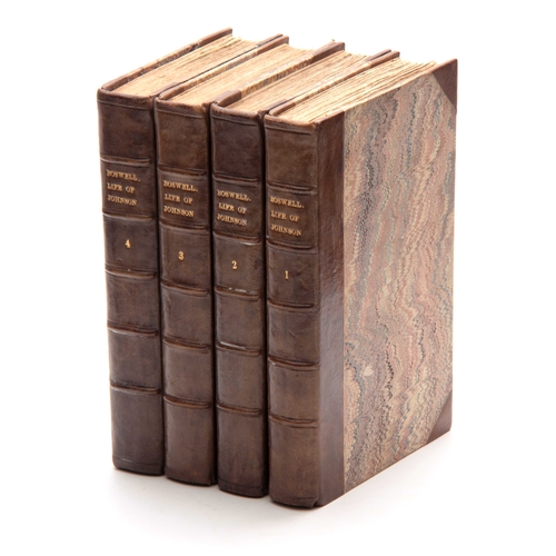 327 - THE LIFE OF SAMUEL JOHNSON BY JAMES BOSWELL ESQ. A SET OF 4 19TH CENTURY LEATHER BOUND VOLUMES.