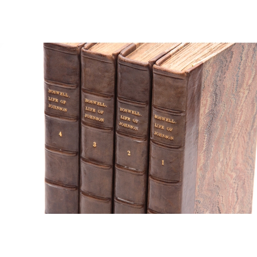 327 - THE LIFE OF SAMUEL JOHNSON BY JAMES BOSWELL ESQ. A SET OF 4 19TH CENTURY LEATHER BOUND VOLUMES.