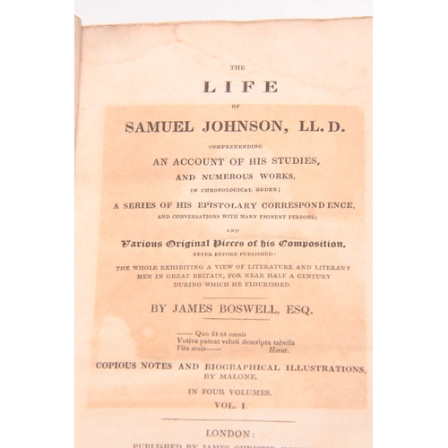 327 - THE LIFE OF SAMUEL JOHNSON BY JAMES BOSWELL ESQ. A SET OF 4 19TH CENTURY LEATHER BOUND VOLUMES.