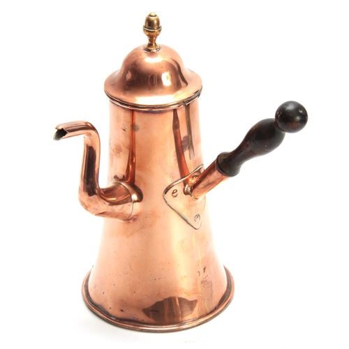 336 - A LATE GEORGIAN LARGE COPPER COFFEE POT of seamed skirted form with shaped spout and hinged domed co... 