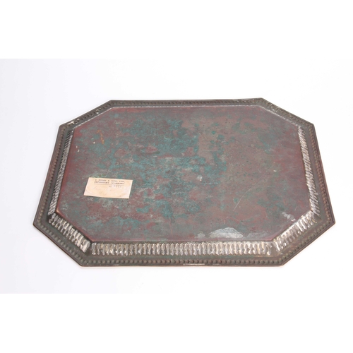 338 - A 19TH CENTURY BRASS ENGRAVED RECTANGULAR TRAY with pierced edge and clipped corners 55cm wide 43cm ... 