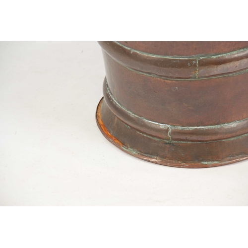 341 - A LARGE 18TH CENTURY SEAMED COPPER MORTAR with flared rim and bound sides 36cm high 46cm diameter.