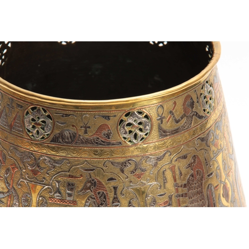 343 - A LATE 19TH CENTURY BRASS AND MULTI-COLOURED INLAID METAL EPITIGAN STYLE TAPERED JARDINIERE 19cm hig... 