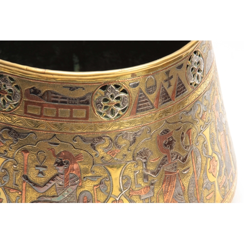 343 - A LATE 19TH CENTURY BRASS AND MULTI-COLOURED INLAID METAL EPITIGAN STYLE TAPERED JARDINIERE 19cm hig... 