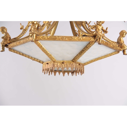 354 - AN EARLY 20TH CENTURY BRASS ORMOLU CHANDELIER / CEILING LIGHT having six leaf cast light fittings wi... 