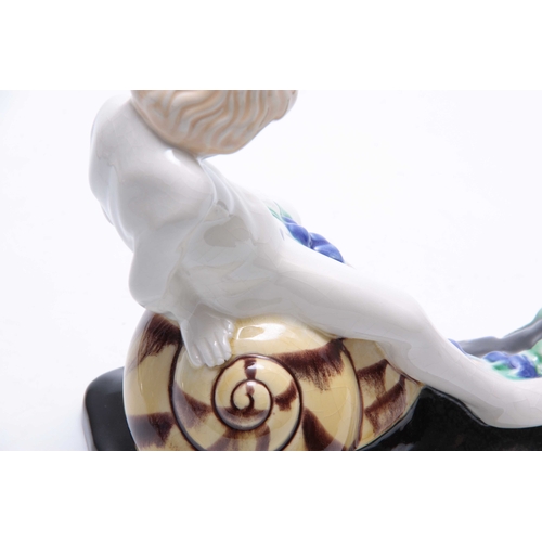 74 - AN UNUSUAL MICHAEL POWOLNY, WIENER KERAMIK FIGURE GROUP modelled as a Snail Rider 19cm high 21cm acr... 