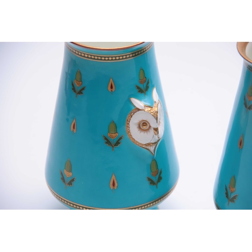 80 - A PAIR OF EARLY 20TH CENTURY MINTON OWL VASES MOUNTED WITH OWLS HEADS AND CLAW FEET attributed to Ch... 