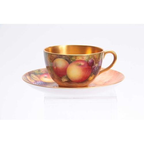 87 - AN EARLY 20TH CENTURY ROYAL WORCESTER FRUIT CABINET CUP AND SAUCER decorated with ripe peaches and b... 