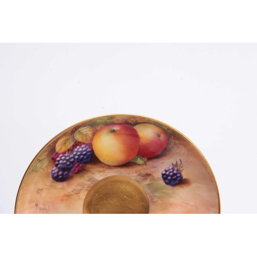 87 - AN EARLY 20TH CENTURY ROYAL WORCESTER FRUIT CABINET CUP AND SAUCER decorated with ripe peaches and b... 