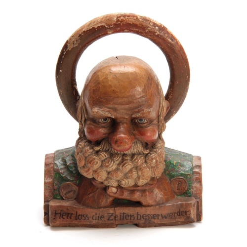 355 - A LATE 19TH CENTURY BLACK FOREST POLYCHROME BEARDED HEAD AND HALO CARVED WOOD BUST TITLED Herr lass ... 