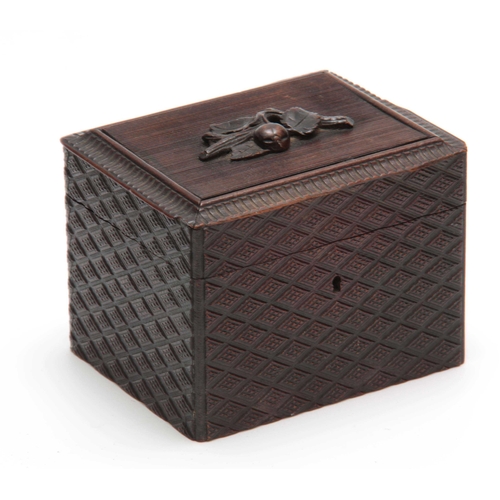 362 - A 19TH CENTURY BLACK FOREST HATCHED CARVED WOOD TEA CADDY with carved fruit to the ribbed top 14cm b... 