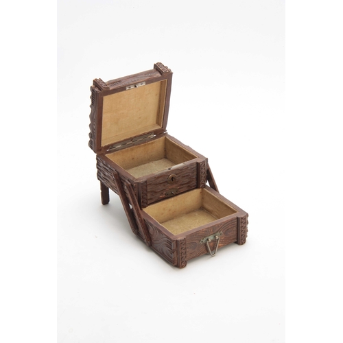 368 - A SWISS CARVED BLACK FOREST JEWELLERY BOX titled GRINDELWALD with lined double hinged back drawers 1... 