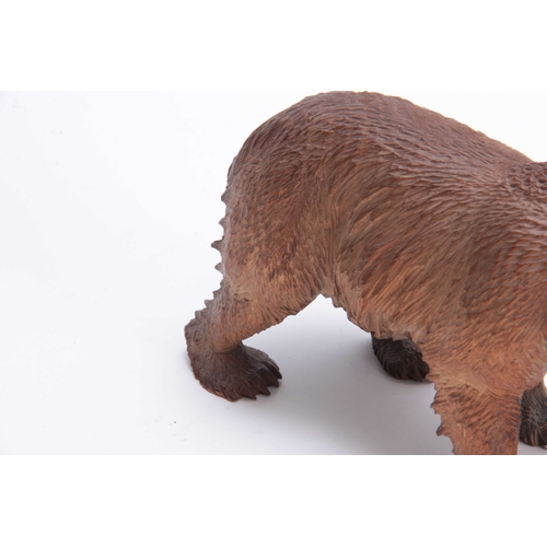 389 - A 19TH CENTURY SWISS BLACK FOREST CARVED BEAR IN THE MANNER OF HUGGLAR with glass eyes 22.5cm wide.