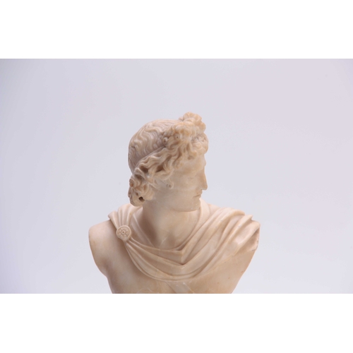 399 - A ROMAN MARBLE BUST finely carved, mounted on a marble socle base  38cm high.