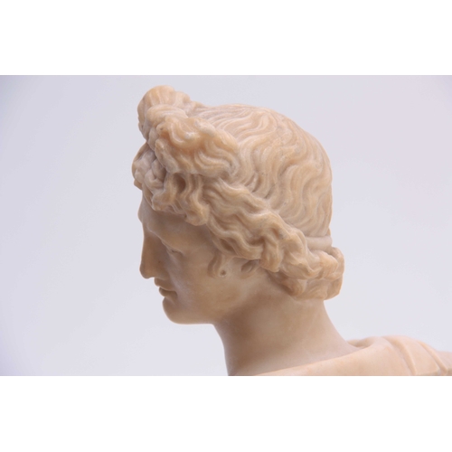 399 - A ROMAN MARBLE BUST finely carved, mounted on a marble socle base  38cm high.