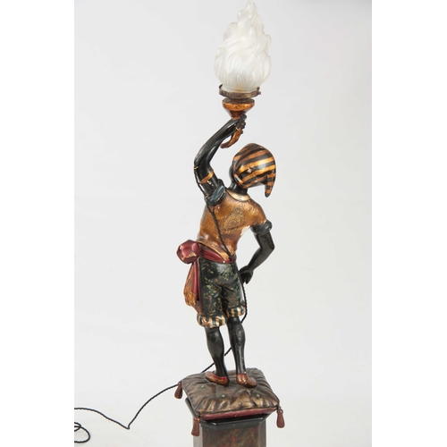 400 - A LATE 19th EARLY 20th CENTURY ITALIAN CARVED POLYCHROME AND PARCEL GILT BLACKAMOOR TABLE LAMP model... 