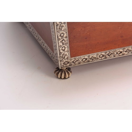 405 - A FINE 19TH CENTURY VIZAGAPATAM ANGLO INDIAN IVORY AND SANDALWOOD JEWELLERY CASKET with gadrooned mo... 