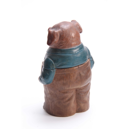 408 - A LATE 19th CENTURY AUSTRIAN POLYCHROME TERRACOTTA NOVELTY LIDDED JAR modelled as a pig in blue shir... 