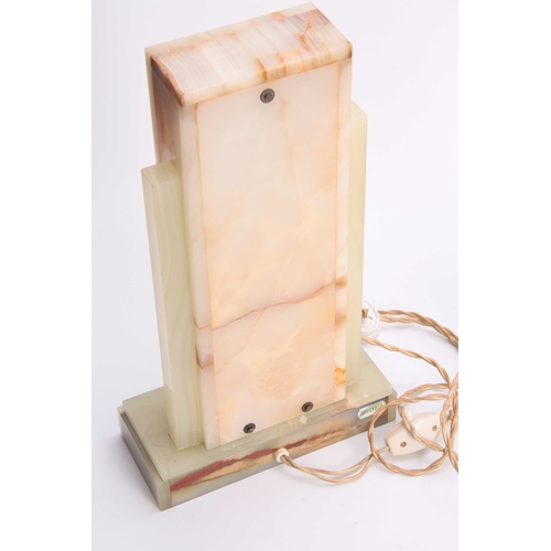 418 - SAMUAL LIPSZYC  A STYLISH ART DECO PALE VEINED GREEN ONYX TABLE LAMP the centre rectangular column w... 