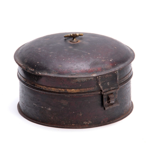 419 - A 19TH CENTURY TOLE WARE SPICE CANNISTER with hinged domed lid revealing compartments for different ... 