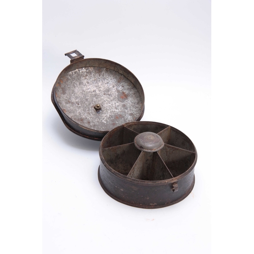 419 - A 19TH CENTURY TOLE WARE SPICE CANNISTER with hinged domed lid revealing compartments for different ... 