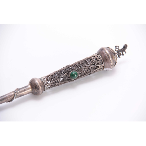 442 - A LATE 19TH CENTURY RUSSIAN SILVER YAD / TORAH POINTER the lion finial with filigree scrollwork hand... 