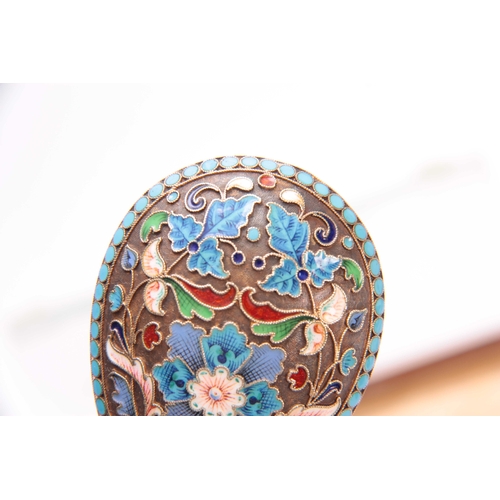 447 - A CASED COLLECTION OF FOUR RUSSIAN SILVER ENAMEL SPOONS colourfully decorated with flowers, birds an... 