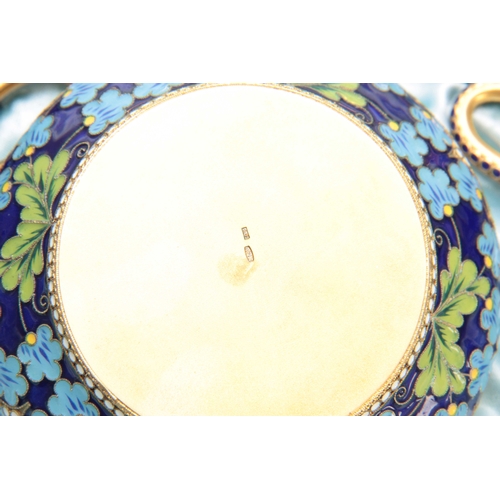 448 - A 20TH CENTURY CASED RUSSIAN SILVER GILT AND ENAMEL TEA SERVICE comprising of a large bowl, six cups... 