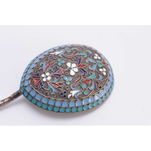 450 - A RUSSIAN CLOISONNE ENAMEL AND SILVER GILT SPOON, stamped - 1894, 84, 18.5cm long.