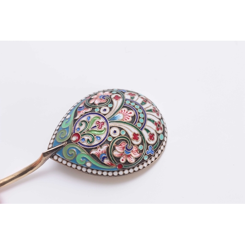 451 - A RUSSIAN CLOISONNE ENAMEL AND SILVER GILT SPOON, stamped - 88, TM. 18.5cm long.