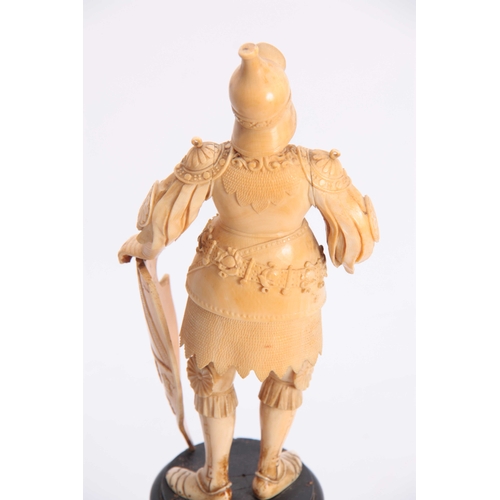 483 - A PAIR OF 19th CENTURY CARVED IVORY FIGURES modelled as knights in armour standing on turned ebonize... 