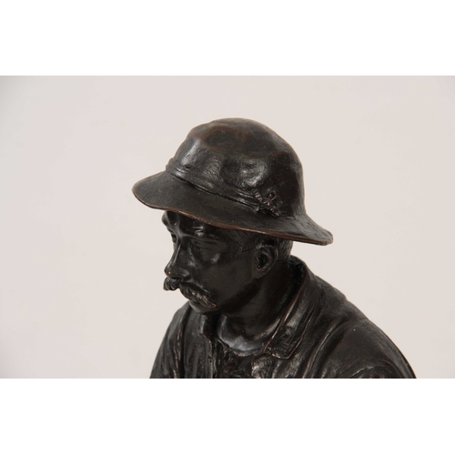 487 - E E GEFLAWSKI A LATE 19TH CENTURY LARGE BRONZE SCULPTURE depicting a Miner seated on a coal tub, on ... 