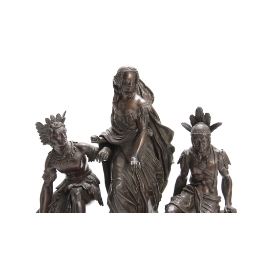 488 - A 19TH CENTURY FRENCH BRONZE FIGURE GROUP depicting a Colonial scene of a standing young lady flanke... 