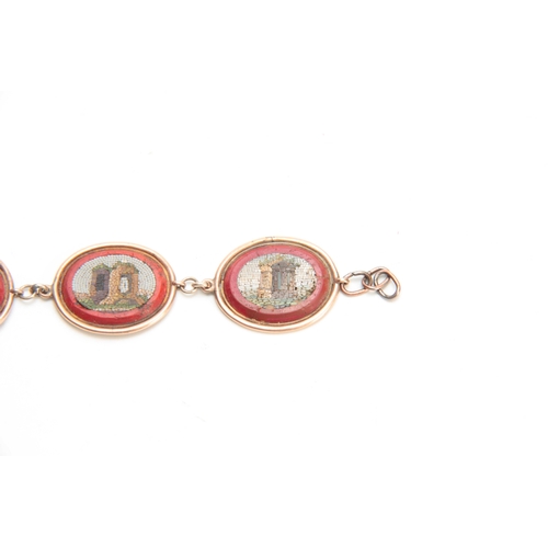 491 - A 19TH CENTURY ITALIAN MICRO MOSAIC GRAND TOUR BRACELET consisting of five oval plaques depicting ca... 